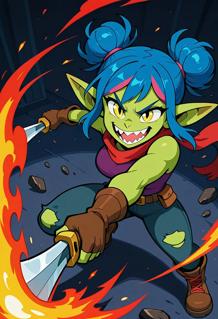Sniktcore-sdxl, original character, aijalon,
"Goblin rogue mid-leap dagger attack",
(female goblin:1.4), (electric cobalt blue hair styled in messy space buns:1.5), (vivid lime green skin:1.4), (hot magenta streak in right-side bangs:1.3), (yellow eyes:1.4), sharp almond-shaped eyes, high contrast pupils, consistent eye design, symmetrical eye rendering, comic-style eye shading,
(threatening pose:1.5), (toothy grin:1.4), (sharp teeth:1.4), (defined teeth:1.3), (visible teeth:1.2), (raised glinting daggers:1.8)
(dynamic pose:1.6), (mocking expression:1.5)
(long red scarf:1.3), torn purple tank top, (dark brown fingerless gloves:1.0), ripped midnight blue pants, (dark cocoa brown combat boots with red laces:1.2),
flaming wreckage, glowing embers, spotlight beam, swirling smoke, magical backlash, flying debris,
comic-style cel shading, clean lineart, stylized, cinematic color contrast, digital painting, by James Harren,