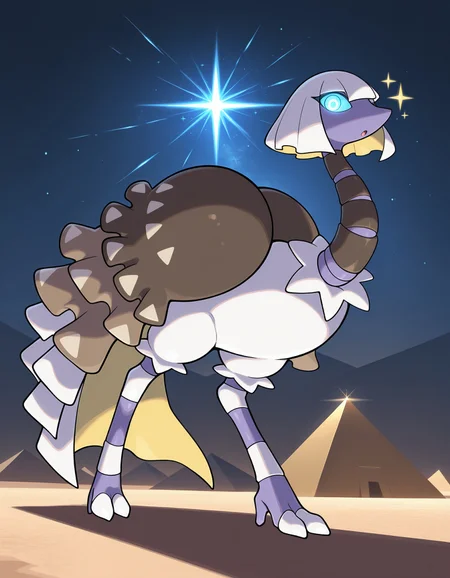 masterpiece, best quality, amazing quality, very detailed, newest, no humans, espathra, colored sclera, white hair, brown stripes, pokemon \(creature\), desert, pyramids, night, sparkles, glowing eyes, :o, (solo), full body, looking at viewer, wings, <lora:f61df10c-8d98-4bb4-a477-0c17857ff54b:0.9>