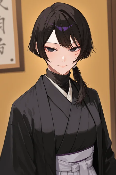masterpiece, best quality, absurdres, safe,
1girl, sumi masumi, side ponytail, short hair, facial mark, black eyes,
smile, black japanese clothes
<lora:kagurabachi_il_1_d16:1>
