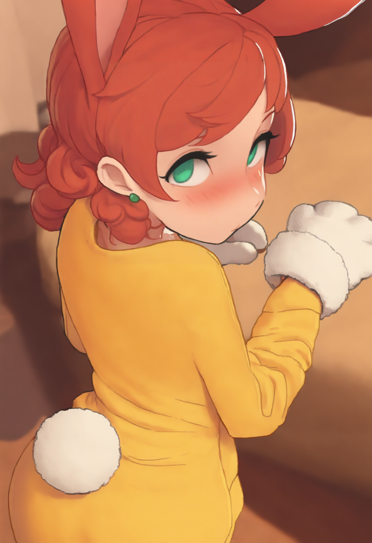 masterpiece, best quality, solo, 1girl,  <lora:NSPennyStardewIllu:1> NSPennyBase, (rabbit girl, rabbit ears, animal ears, bunny ears), rabbit tail, green eyes, medium hair, curly hair, green stud earrings, red hair, yellow pajamas, looking back, paw pose, heavy blush, shy, indoors, living room, paw gloves