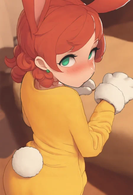 masterpiece, best quality, solo, 1girl, <lora:NSPennyStardewIllu:1> NSPennyBase, (rabbit girl, rabbit ears, animal ears, bunny ears), rabbit tail, green eyes, medium hair, curly hair, green stud earrings, red hair, yellow pajamas, looking back, paw pose, heavy blush, shy, indoors, living room, paw gloves