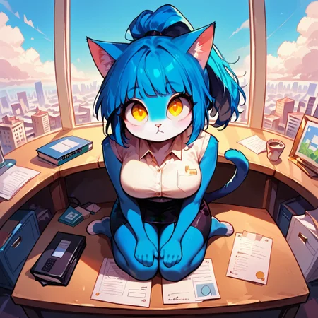 Audr3yC4t, c4toony style, Blue anthro cat, blue hair, blue fur, ponytail, bangs, yellow eyes, big eyes,  detailed eyes, pink cat nose, animal ear fluff, solo, full body, sitting, on desk, window, city scape, clouds,
score_9, score_8_up, score_7_up, score_6_up, source_anime, detailed,
Black mini skirt, office, desk,