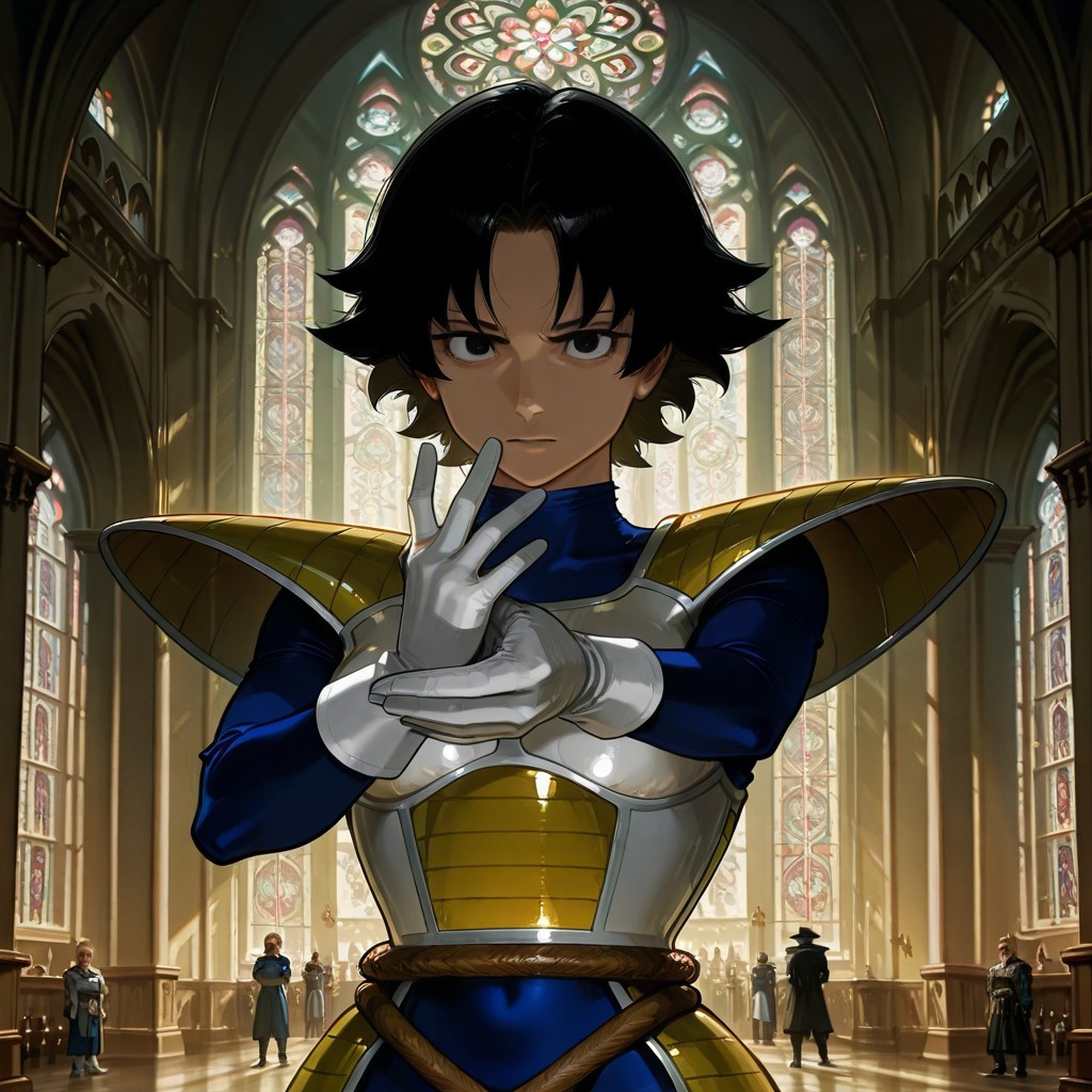 realism, 
framing device, rule of third, negative space, detailed. 
dynamic pose, foreshortening, extreme perspective 
cinematic concept art of 
1 adult man, 
upper body focus, upper body zoom, 
(The Phantom of the Opera style,), (intricate white plain mask covers (one side of the face):0.8), (second side of face is that of adult fair-skinned man:0.9), black hair,
(dramatic lighting and shadows:0.8)
(wears blacktop hat:0.8), 
wearing 
(white saiyan armor, shoulder pads, blue leotard,, white gloves,, white boots,, hip armor,, tailbelt,:0.9)
 facing the viewer, 
backdrop is stained glass, church, arch,
