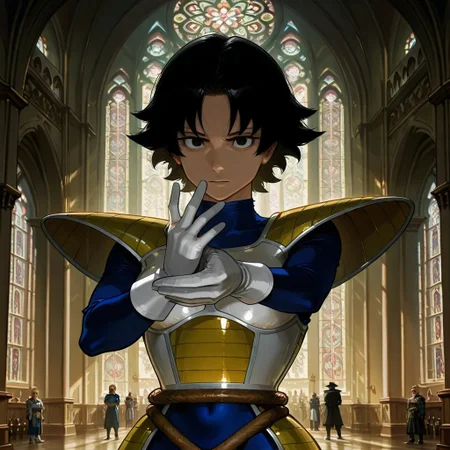 realism, 
framing device, rule of third, negative space, detailed. 
dynamic pose, foreshortening, extreme perspective 
cinematic concept art of 
1 adult man, 
upper body focus, upper body zoom, 
(The Phantom of the Opera style,), (intricate white plain mask covers (one side of the face):0.8), (second side of face is that of adult fair-skinned man:0.9), black hair,
(dramatic lighting and shadows:0.8)
(wears blacktop hat:0.8), 
wearing 
(white saiyan armor, shoulder pads, blue leotard,, white gloves,, white boots,, hip armor,, tailbelt,:0.9)
 facing the viewer, 
backdrop is stained glass, church, arch,