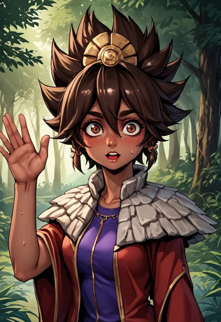 score_9, score_8_up, score_7_up, score_6_up, score_5_up, score_4_up, score_9, score_8_up, score_7_up, detailed, intricate details, chromatic aberration, veins source_anime, , (best quality) , (highly detailed) ,((masterpiece)), ((best quality)), (ultra-detailed), ((extremely detailed)), (high resolution), 4K, (8K), best quality, (beautiful), (dynamic lighting), (super detailed skin), sharp focus, (1_girl, solo focus), score_9,score_8_up,score_7_up,anime coloring, big eyes BREAK source_anime,anime, TaliyahLoLXL, dark skin, tanned skin, Dark skin female, dark skined, freckles, brown eyes, brown hair, short hair, sidelocks, hair between eyes, hair ornament, spiked hair, medium breasts, stone capelet, cape, red jacket, purple dress, solo, front view, solo focus, wide eyed, panicked, panic, waving arms, mouth open, blushing, scared, frightened, suprised, sweating, bewildered, hands up, looking at viewer, forest, tree <lora:TaliyahLoLXL:0.9>
(Upper body, portrait) , phantom_ix_row_style, masterpiece, best quality, <lora:PhantomIxRowStyle:0.9>, "Closer to artist's style"