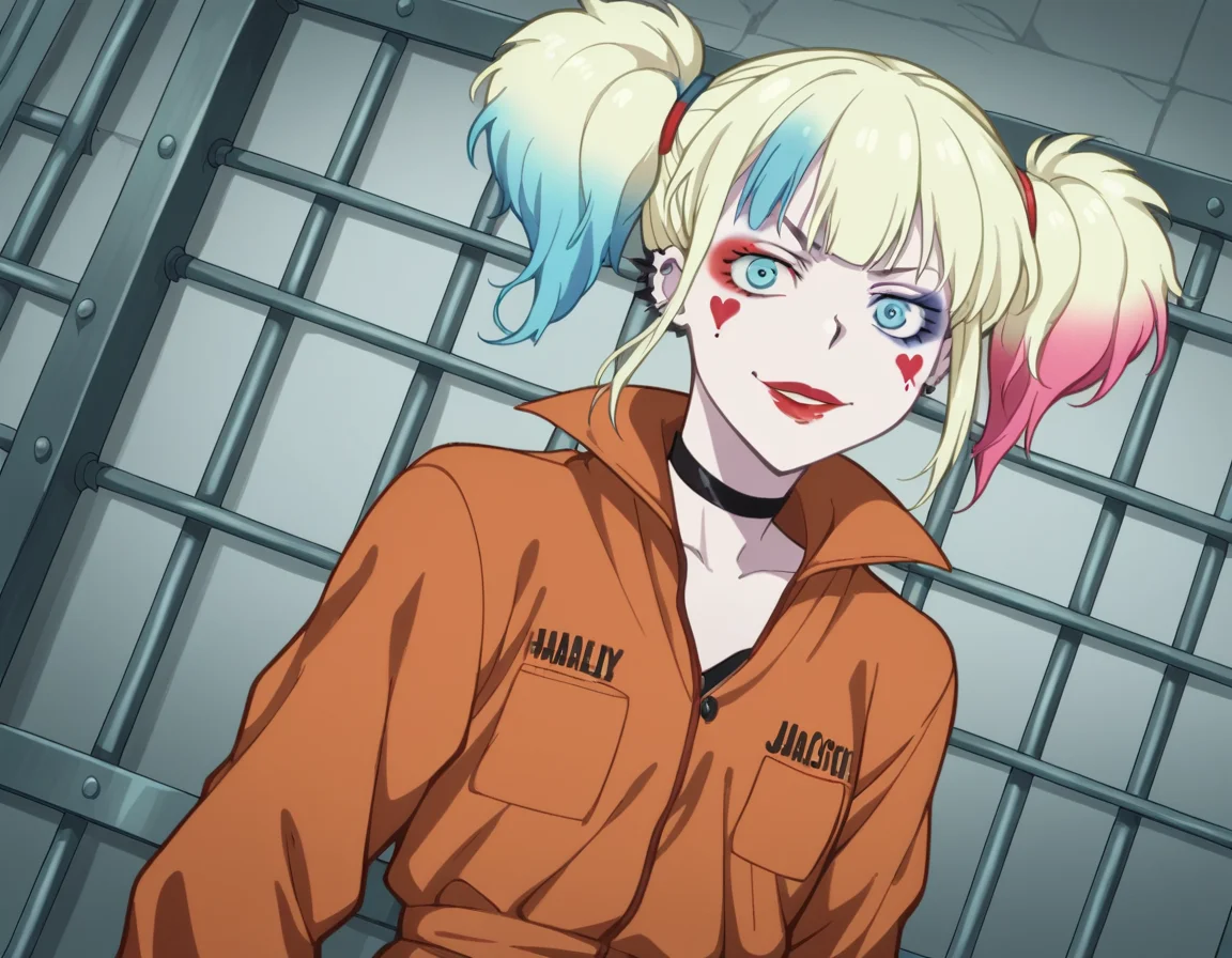 score_9, score_8_up, score_7_up, source_anime,
harleyquinn, <lora:harley-quinn-s1-ponyxl-lora-nochekaiser:1>
harley quinn, bangs, blue eyes, blonde hair, twintails, blue hair, multicolored hair, choker, gradient hair, makeup, piercing, pink hair, lips, lipstick, red lips,
long sleeves, pocket, jumpsuit, orange jumpsuit,
prison, prison cell, smile, on side,
looking at viewer, cowboy shot, dutch angle, solo,