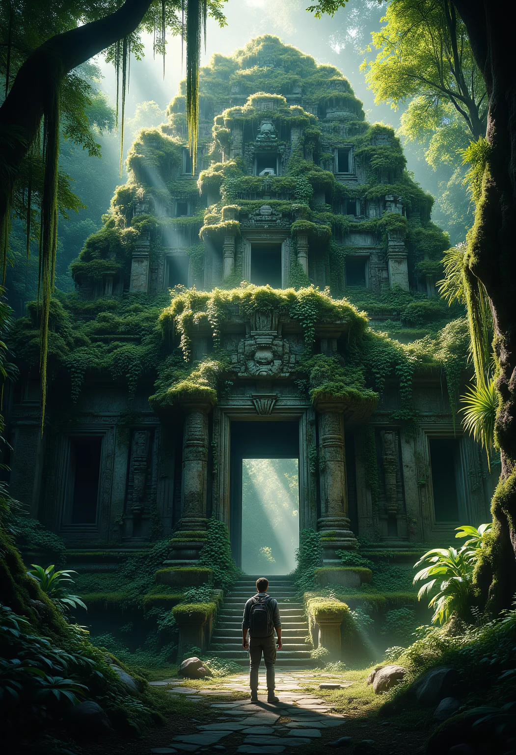 Overgrown Temple in the Jungle
An ancient stone temple hidden deep in the jungle, overrun with vines and moss. Shafts of sunlight pierce through the dense foliage, illuminating intricate carvings on the temple walls. A lone explorer stands at the entrance, their flashlight revealing the mysterious interior. ral-ovrgrwth, ral-ertmsphr, aidmaMJ6.1
