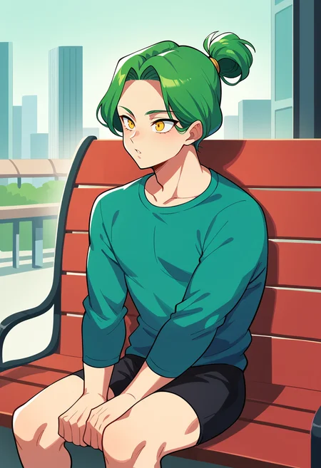 score_9,score_8_up,score_7_up,BREAK zarbon, 1boy,solo, green hair, yellow eyes, sitting, bench, city,hair knot, hair pulled back, chonmage, topknot,hair up,relaxing,hands on own legs, reclining <lora:ZarbonPony:1>
