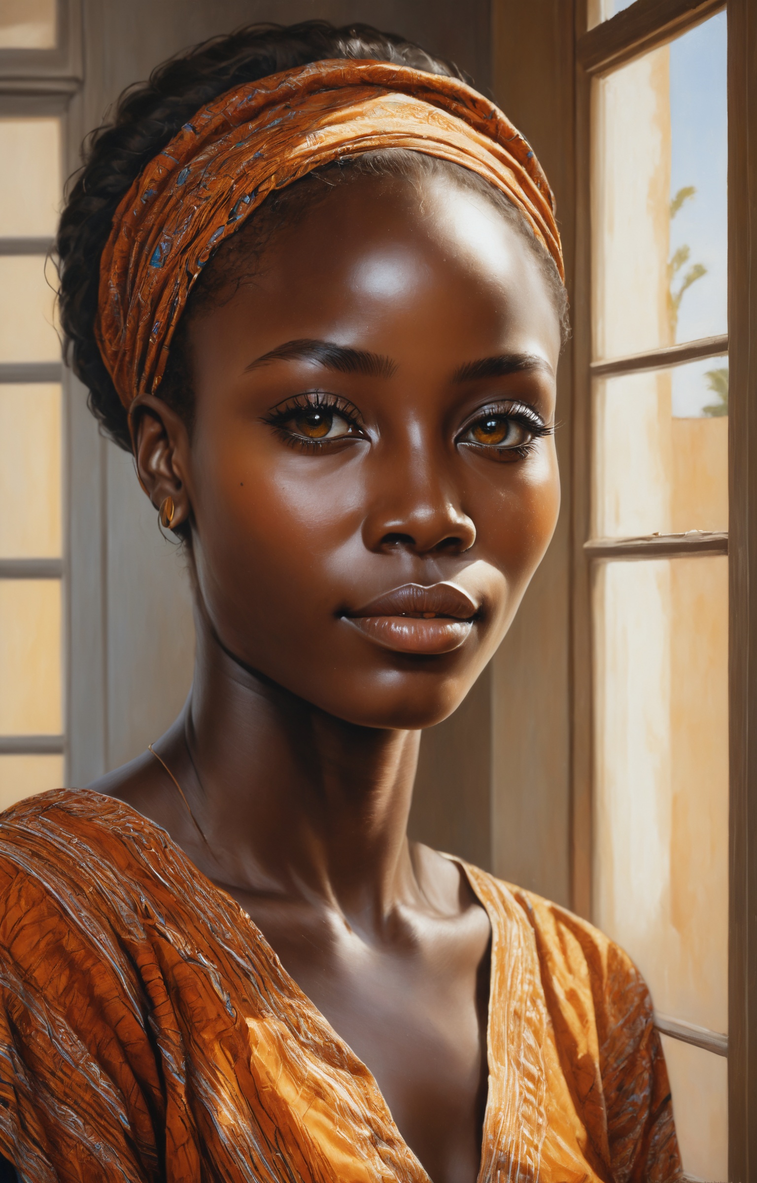 painting of a beautiful Guinean woman with a small smile by the window, (detailed eyes), <lora:PorcellanXL:1>