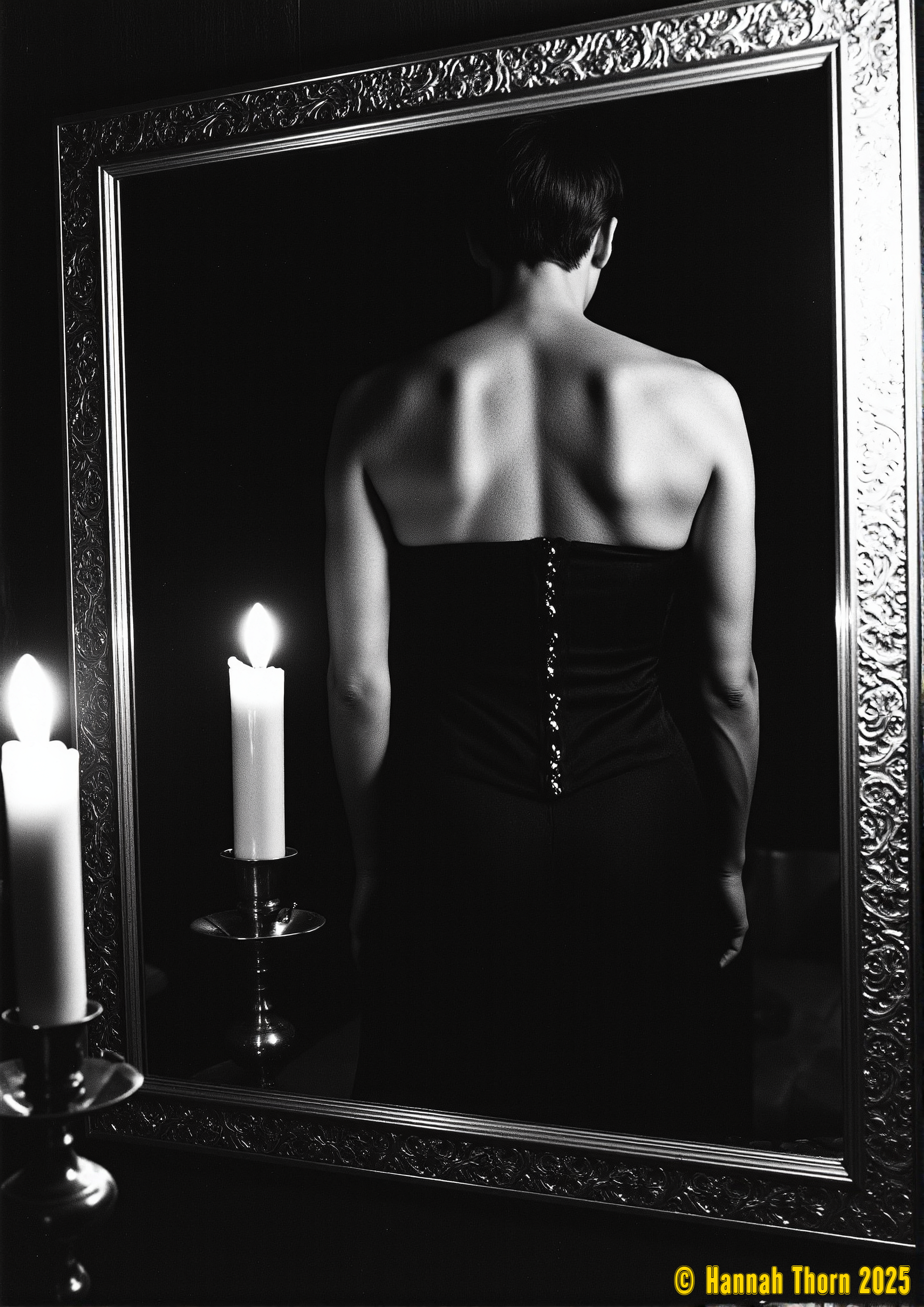 Generate a high-contrast black and white image in the style of Helmut Newton and Peter Lindbergh, reminiscent of a grainy, high-resolution film photograph.  The composition features a lit candle on an ornate candlestick in the left foreground, sharply in focus. To the right, an ornately framed mirror reflects the back of a person wearing a corset-like top, also sharply focused; their face is unseen. The background is a simple, out-of-focus wall, achieving a shallow depth of field.  Employ a dramatic chiaroscuro lighting technique with strong shadows and deep blacks, emphasizing the textures of the candle, candlestick, and ornate frame.  The overall aesthetic should evoke a sense of mystery and intrigue, utilizing a monochrome palette with a gritty, film-grain texture, capturing the detailed textures of the objects while maintaining a strong sense of depth and dimensionality.  The style should blend elements of Art Deco and German Expressionism for added visual impact. <lora:_Flux\_Photographer\Helmut_Newton-000001.safetensors:0.8:0.8>