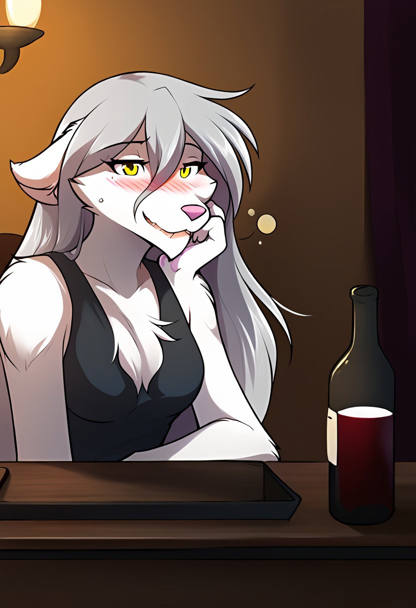 score_9, score_8_up, score_7_up,score_6_up,score_5_up, source_furry
BREAK
solo, furry female anthro, long hair, medium breasts, (blushing, seductive, drunk), (indoors, sitting, Sitting at the table), upper body shot, Sitting at the table, a bottle of wine
BREAK
<lora:Raine-Twokinds-SDXL-AnonTK-V1:1>, raine-twokinds, keidran, mammal, wolf tail, yellow eyes