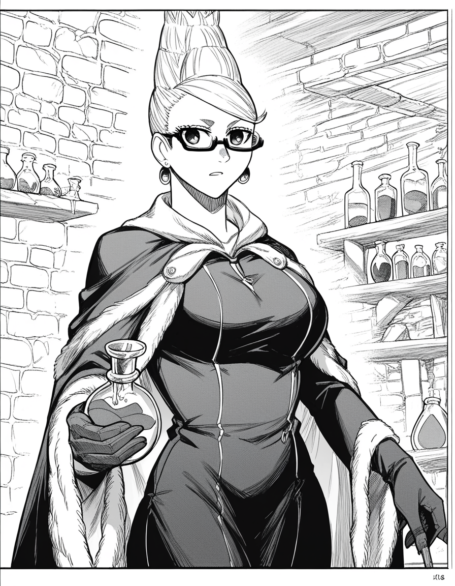 score_9, score_8_up, score_7_up, source_anime, <lora:seiko-ayase-manga-ponyxl-lora-nochekaiser:1>, seiko ayase, long hair, large breasts, monochrome, greyscale, earrings, glasses, hair bun, semi-rimless eyewear, under-rim eyewear,, <lora:wizard-ponyxl-lora-nochekaiser:1>, wizard, wizard hat, robe, dress, long sleeves, gloves,, indoors, bricks, potion, flask, vial,, cowboy shot,, , dutch angle, cowboy shot