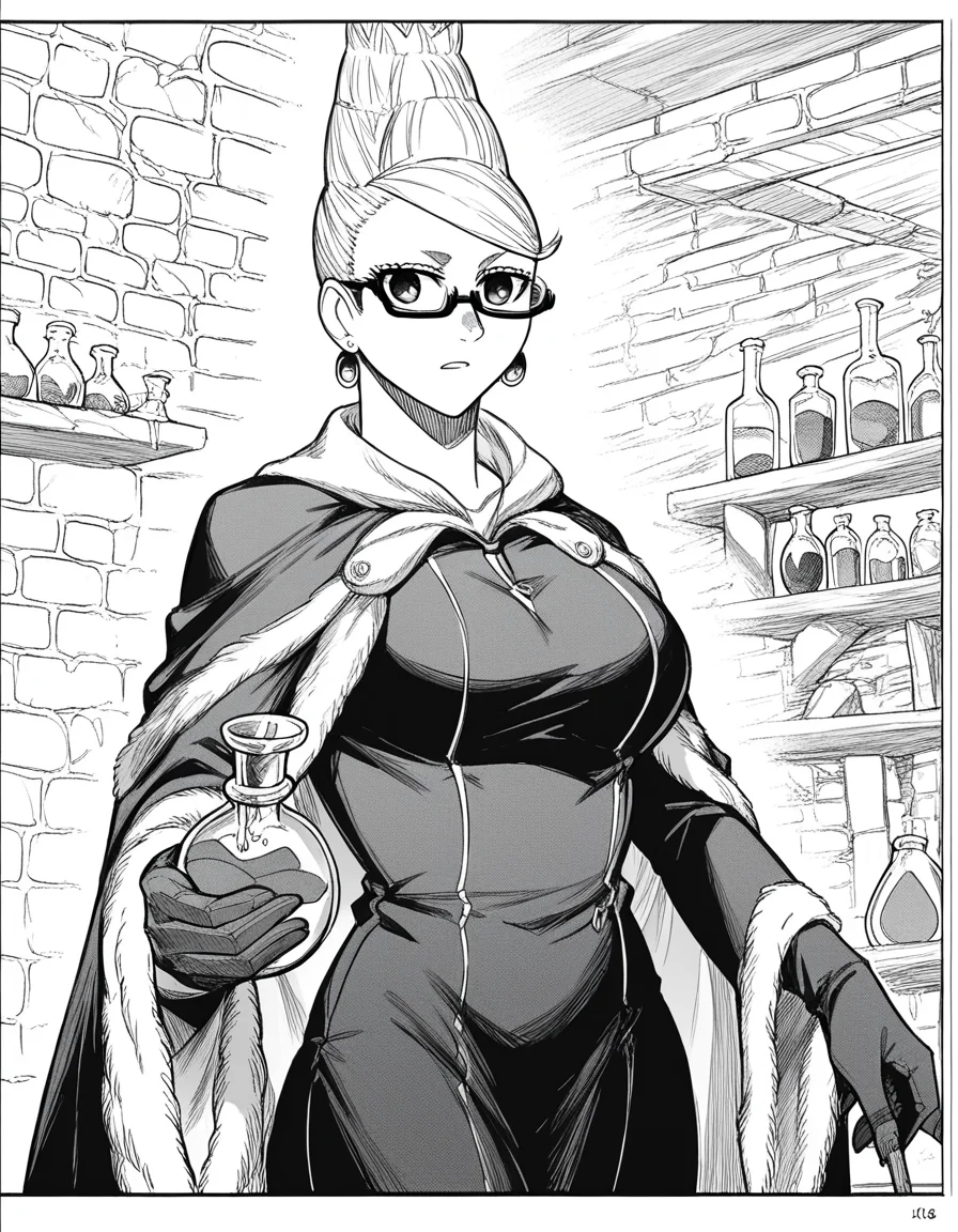 score_9, score_8_up, score_7_up, source_anime, <lora:seiko-ayase-manga-ponyxl-lora-nochekaiser:1>, seiko ayase, long hair, large breasts, monochrome, greyscale, earrings, glasses, hair bun, semi-rimless eyewear, under-rim eyewear,, <lora:wizard-ponyxl-lora-nochekaiser:1>, wizard, wizard hat, robe, dress, long sleeves, gloves,, indoors, bricks, potion, flask, vial,, cowboy shot,, , dutch angle, cowboy shot