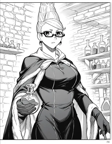 score_9, score_8_up, score_7_up, source_anime, <lora:seiko-ayase-manga-ponyxl-lora-nochekaiser:1>, seiko ayase, long hair, large breasts, monochrome, greyscale, earrings, glasses, hair bun, semi-rimless eyewear, under-rim eyewear,, <lora:wizard-ponyxl-lora-nochekaiser:1>, wizard, wizard hat, robe, dress, long sleeves, gloves,, indoors, bricks, potion, flask, vial,, cowboy shot,, , dutch angle, cowboy shot