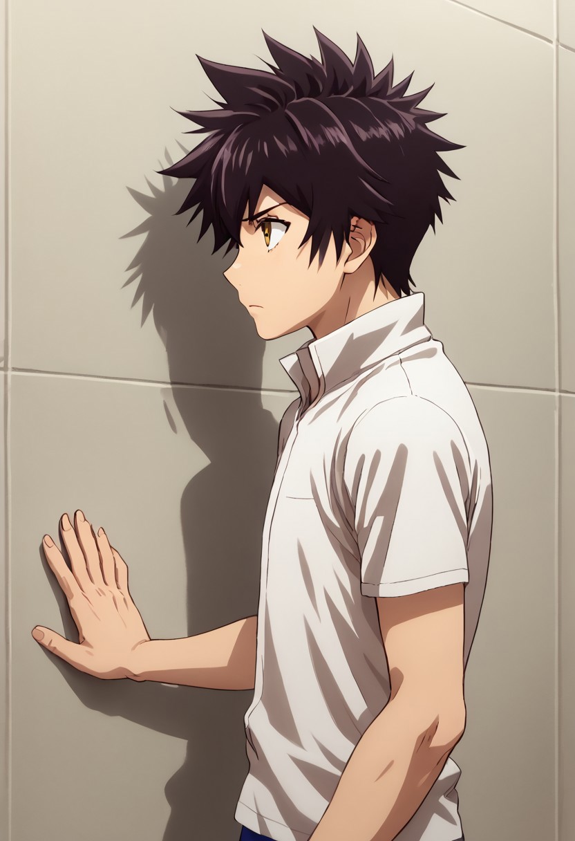 high resolution, solo, best quality, 1Boy, Kanata Hoshijima, Black hair, Brown Eyes, Leaning against wall, looking away, thoughtful, artistic,