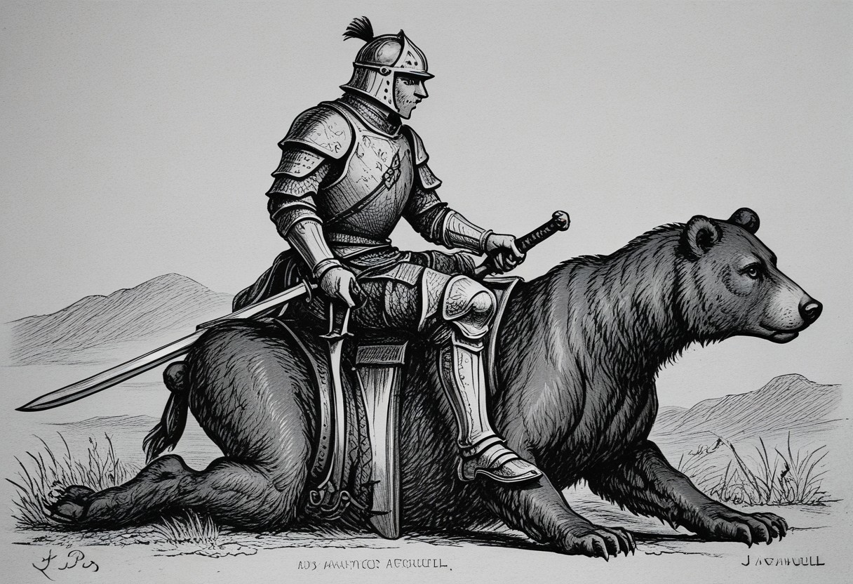 llbreton,monochrome,greyscale,traditional media,a knight holding a sword and riding a bear