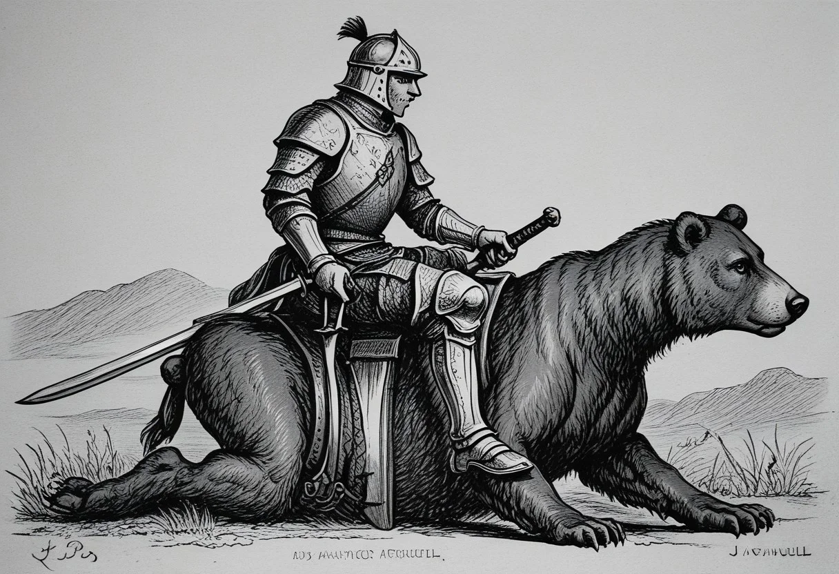 llbreton,monochrome,greyscale,traditional media,a knight holding a sword and riding a bear