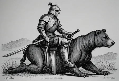 llbreton,monochrome,greyscale,traditional media,a knight holding a sword and riding a bear