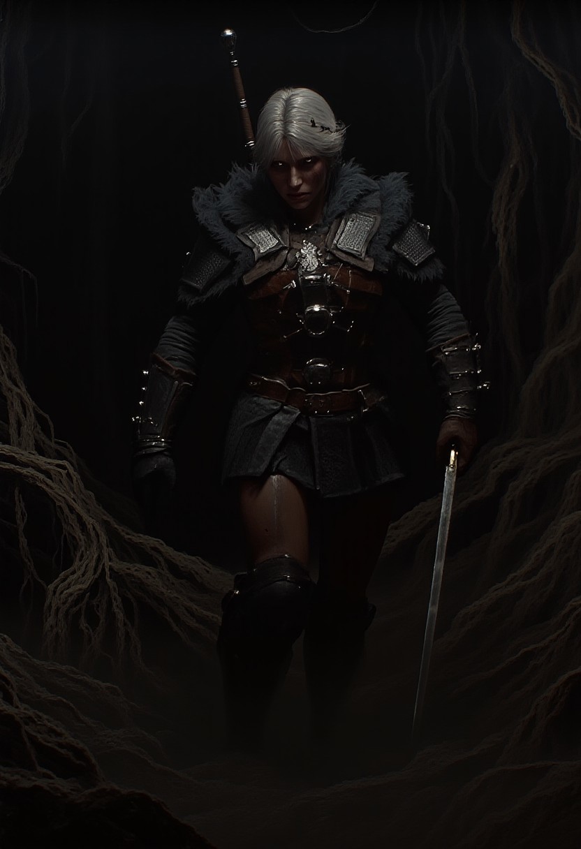 An atmospheric and powerful dark fantasy, natural organic and impressionist classical-style painting depicting C1R1W4TR, a fierce, muscular woman in medieval armor. The woman stands in a dimly lit, rugged forest setting, with dense, twisted tree roots and a misty, ethereal atmosphere. She has a pale complexion and long, white hair, styled in a messy, warrior-like manner. Her intense, focused expression suggests she is on high alert or in a state of readiness.
She wears a heavy, full-body armor with intricate, metallic designs on the shoulders and chest. The armor is primarily black, with metallic accents that reflect the limited light sources. Her lower body is partially visible, showing muscular legs clad in dark, leather-like material, and she holds a sword in her right hand, gripped tightly. The background is shrouded in darkness, with the mist and fog creating a mysterious, foreboding aura. The textures of the armor and the rugged terrain are meticulously detailed, enhancing the realism of the scene. The overall mood is tense and ominous, evoking a sense of adventure and danger in a fantasy or historical setting.
