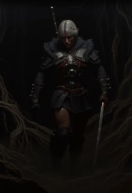 An atmospheric and powerful dark fantasy, natural organic and impressionist classical-style painting depicting C1R1W4TR, a fierce, muscular woman in medieval armor. The woman stands in a dimly lit, rugged forest setting, with dense, twisted tree roots and a misty, ethereal atmosphere. She has a pale complexion and long, white hair, styled in a messy, warrior-like manner. Her intense, focused expression suggests she is on high alert or in a state of readiness.
She wears a heavy, full-body armor with intricate, metallic designs on the shoulders and chest. The armor is primarily black, with metallic accents that reflect the limited light sources. Her lower body is partially visible, showing muscular legs clad in dark, leather-like material, and she holds a sword in her right hand, gripped tightly. The background is shrouded in darkness, with the mist and fog creating a mysterious, foreboding aura. The textures of the armor and the rugged terrain are meticulously detailed, enhancing the realism of the scene. The overall mood is tense and ominous, evoking a sense of adventure and danger in a fantasy or historical setting.
