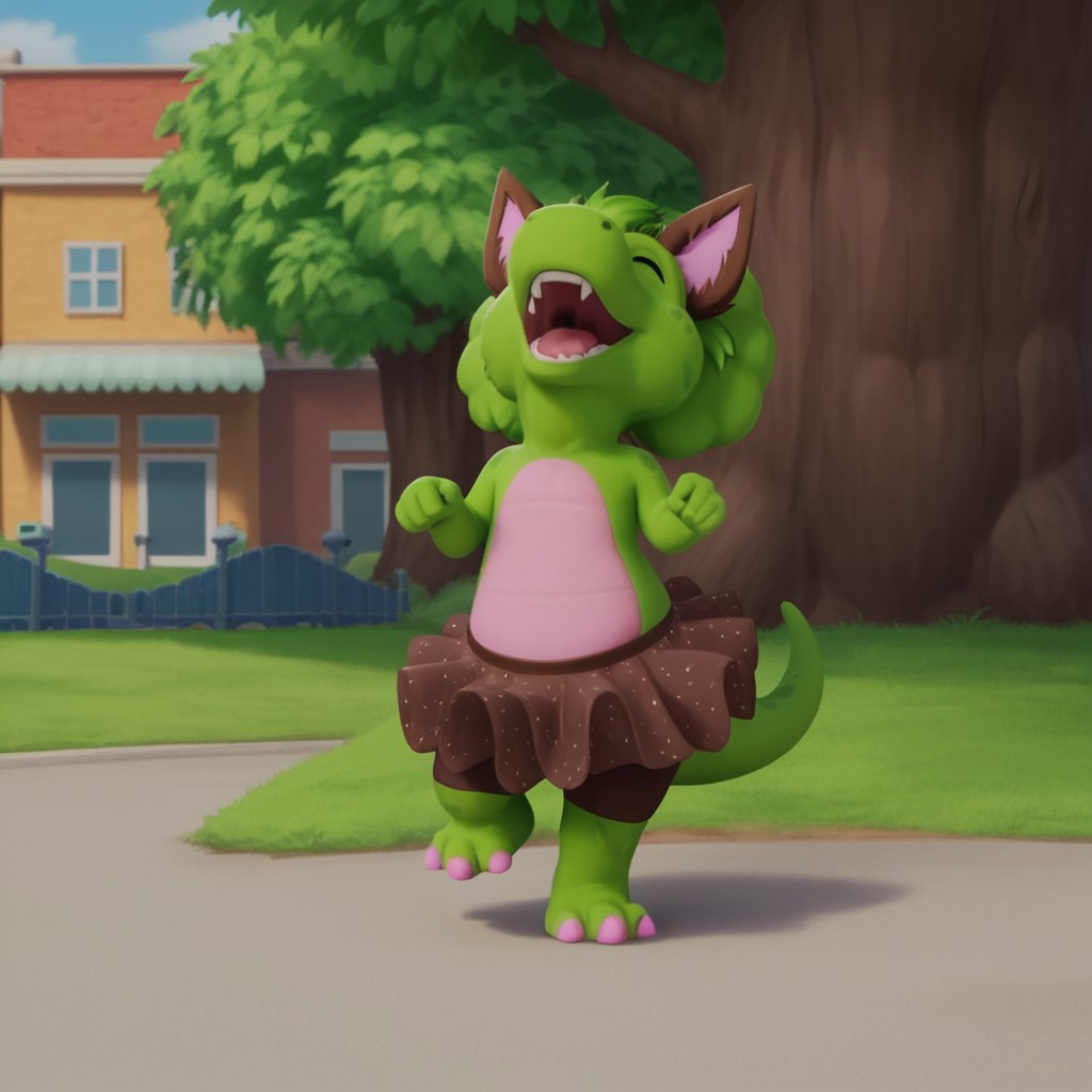 score_9, score_8_up, score_7_up, score_6_up, score_5_up, score_4_up, source_furry, bopbw, semi-anthro, female, dinosaur, green skin, green hair tuft, hands up, solo, no humans, tree, outdoors, day, full body, sky, standing, closed eyes, tail, lamppost, head back, howling at moon, wolf ears, brown skirt, brown shorts