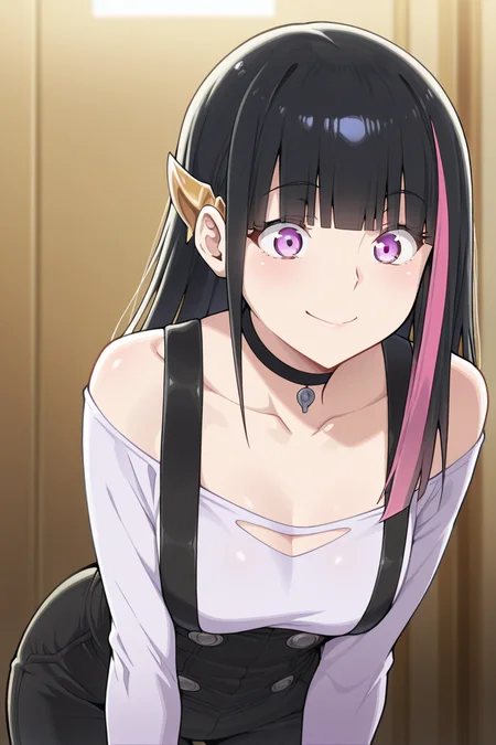 masterpiece, best quality, amazing quality,
<lora:Rouge_IL:1> rouge, 1girl, solo, smile, choker, multicolored hair, hair ornament, black hair, pink hair, bangs, black choker, long hair, shirt, collarbone, streaked hair, blunt bangs, purple eyes, standart outfit, leaning forward,