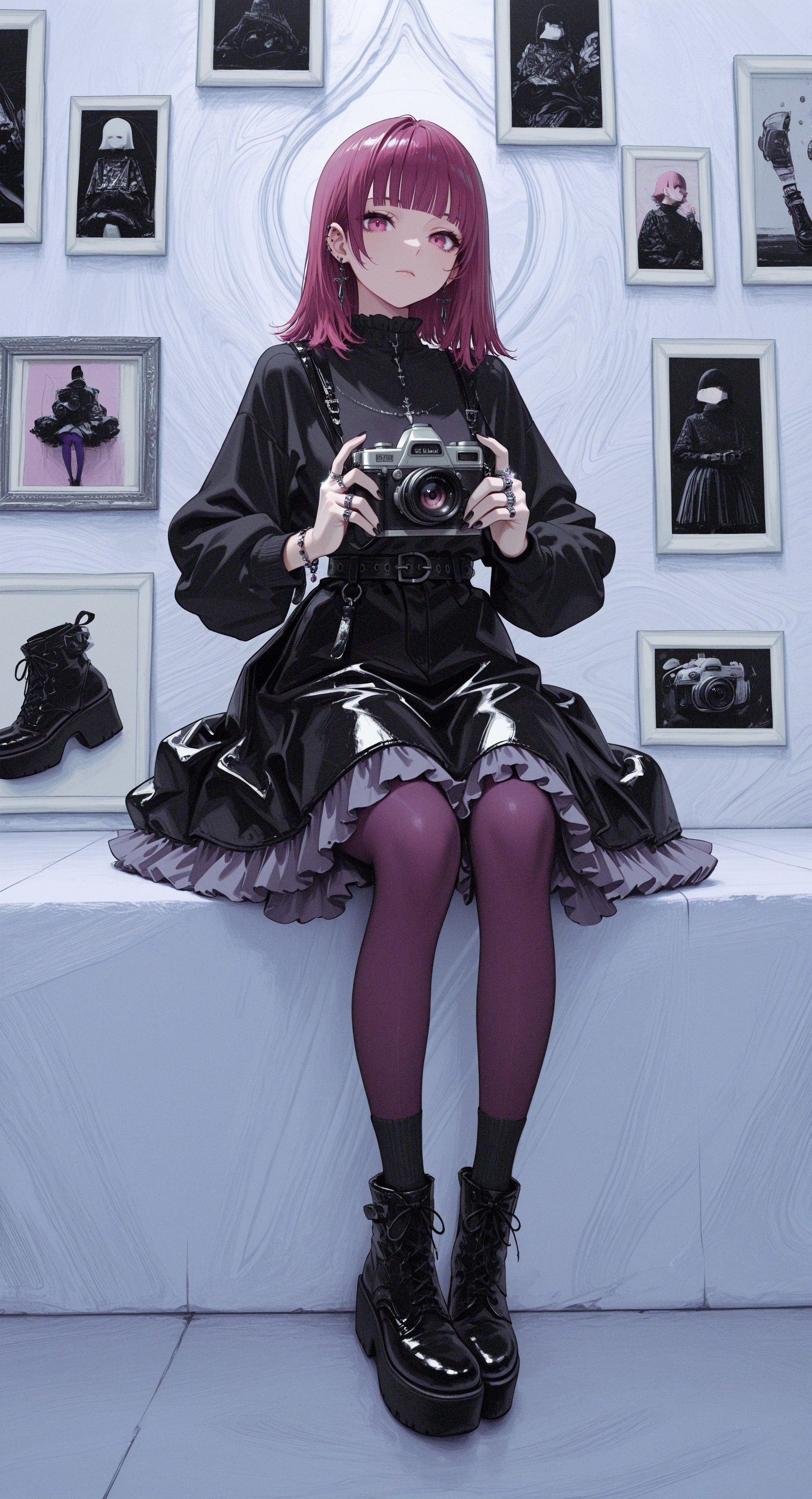 masterpiece, best quality, good quality, newest, highres, absurdres, 1girl, solo, looking at viewer, skirt, long sleeves, holding, jewelry, sitting, full body, pantyhose, earrings, frills, boots, shoes, socks, medium hair, belt, blunt bangs, pink eyes, black footwear, bracelet, piercing, ring, black socks, frilled skirt, black nails, ear piercing, camera, ankle boots, photo \(object\), platform footwear, multiple rings, holding camera, purple pantyhose, line style,
G0zeNA_illu, abstract, surreal <lora:illustriousXL_stabilizer_v1.23:0.3> <lora:NOOB_vp1_detailer_by_volnovik_v1:0.3> <lora:ponyv6_noobE11_2_adamW-000017:0.3> <lora:LightColor1llust:0.8> <lora:G0zeNA_style:0.7>