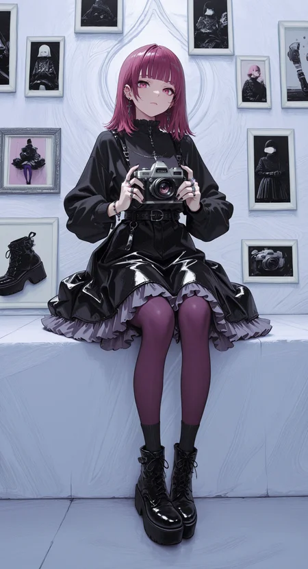 masterpiece, best quality, good quality, newest, highres, absurdres, 1girl, solo, looking at viewer, skirt, long sleeves, holding, jewelry, sitting, full body, pantyhose, earrings, frills, boots, shoes, socks, medium hair, belt, blunt bangs, pink eyes, black footwear, bracelet, piercing, ring, black socks, frilled skirt, black nails, ear piercing, camera, ankle boots, photo \(object\), platform footwear, multiple rings, holding camera, purple pantyhose, line style,
G0zeNA_illu, abstract, surreal <lora:illustriousXL_stabilizer_v1.23:0.3> <lora:NOOB_vp1_detailer_by_volnovik_v1:0.3> <lora:ponyv6_noobE11_2_adamW-000017:0.3> <lora:LightColor1llust:0.8> <lora:G0zeNA_style:0.7>