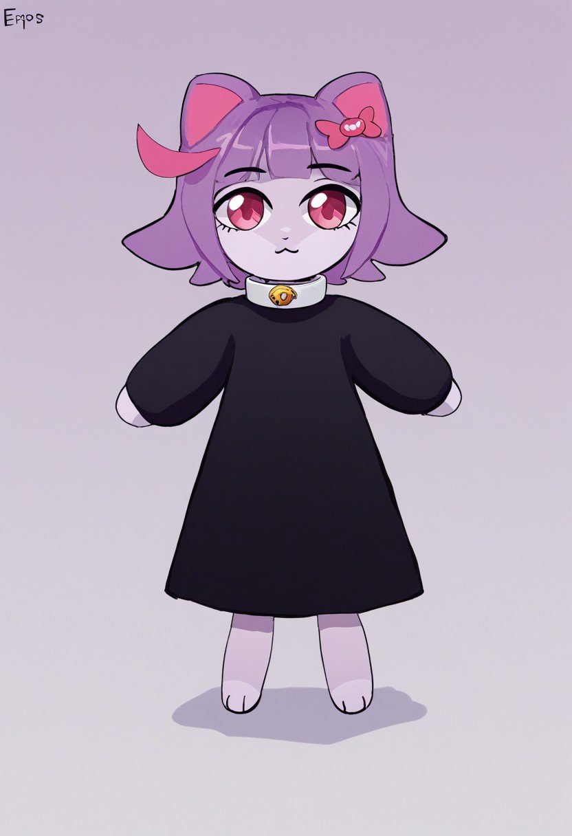SmoothQualityPony, Epips,
Illustration showing masunya, 
1girl, purple hair, pink eyes, cat ears, hair bow, purple skin, 
black dress, long sleeves, white collar, bare feets, animal legs, 
full body, standing, dynamic pose