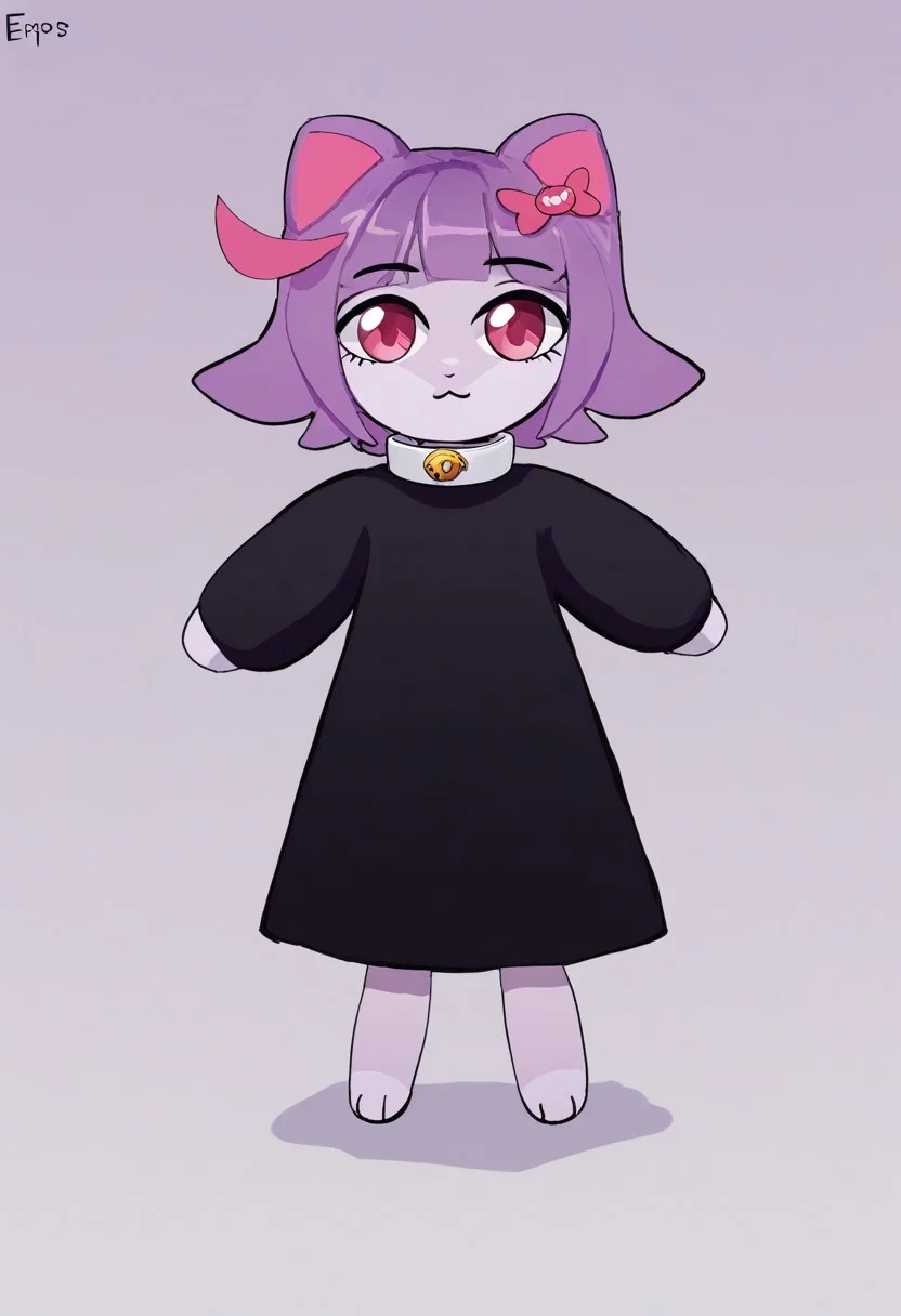 SmoothQualityPony, Epips,
Illustration showing masunya,
1girl, purple hair, pink eyes, cat ears, hair bow, purple skin,
black dress, long sleeves, white collar, bare feets, animal legs,
full body, standing, dynamic pose
