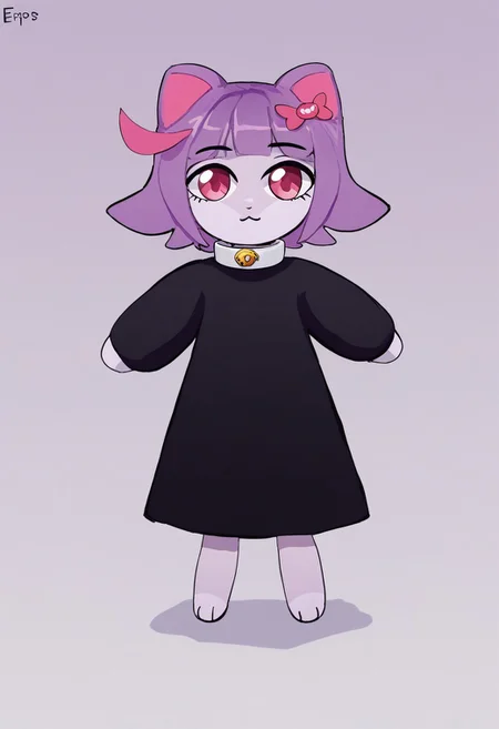 SmoothQualityPony, Epips,
Illustration showing masunya,
1girl, purple hair, pink eyes, cat ears, hair bow, purple skin,
black dress, long sleeves, white collar, bare feets, animal legs,
full body, standing, dynamic pose