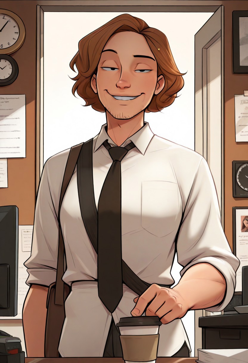 masterpiece, best quality, amazing quality, very aesthetic, J0t4m0z,
((1boy:1.0)), rugged, manly, tall male, lean build, caucasian, early 30s, short hair, parted hair, chestnut hair, tousled hair, hazel eyes, five o'clock shadow, unshaved, stubble, smirk, square jaw, smiling expression, relaxed posture, male office worker, messy shirt, untucked shirt, rolled-up sleeves, loosened tie, five o'clock shadow, coffee cup, slouched posture, messenger bag, handsome male, procrastinator, casual business attire, lazy but charming, office setting