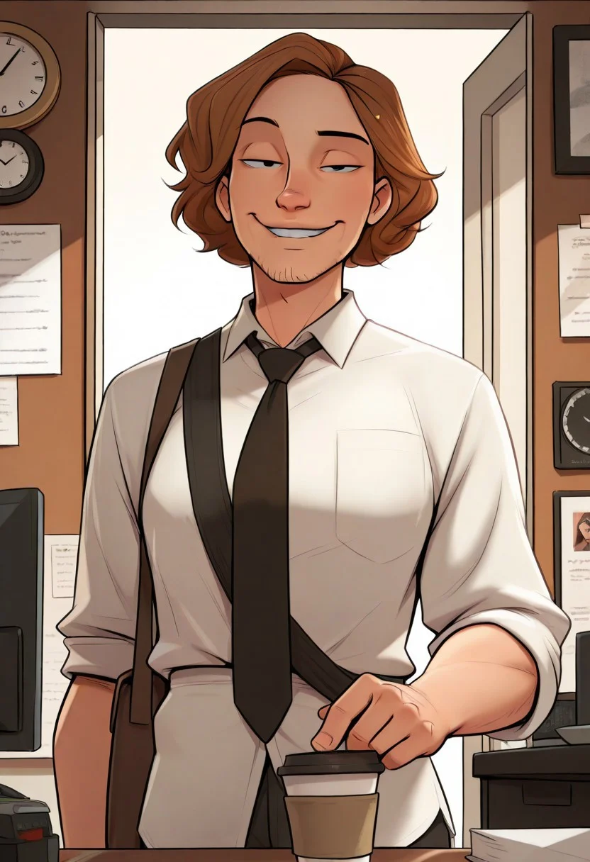 masterpiece, best quality, amazing quality, very aesthetic, J0t4m0z,
((1boy:1.0)), rugged, manly, tall male, lean build, caucasian, early 30s, short hair, parted hair, chestnut hair, tousled hair, hazel eyes, five o'clock shadow, unshaved, stubble, smirk, square jaw, smiling expression, relaxed posture, male office worker, messy shirt, untucked shirt, rolled-up sleeves, loosened tie, five o'clock shadow, coffee cup, slouched posture, messenger bag, handsome male, procrastinator, casual business attire, lazy but charming, office setting