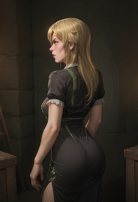 score_9, score_8_up, score_7_up, score_6_up, source_cartoon, raw, realistic, solo shot, view from behind, 1girl, cq_cla1redr3ss, green eyes, blonde hair, dress, hair between eyes, bangs, <lora:FlintsSemiRealStyle-10:.25><lora:thepit_ponyxl_locon:.25> <lora:Fonglets_Sabudenego_Pony_XL:.75> <lora:sinfully_stylish_PONY_0.2:.5> <lora:CQ_ClairedressPony-10:1>