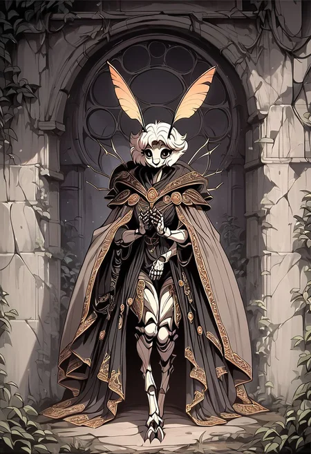 score_9, score_8_up, score_7_up, score_6_up, score_5_up, score_4_up, 
source_furry, rating_explicit, 
solo, female, 
brown and white body, fur, grey fur, fluffy, furred body,
short hair, white hair,
anthro, 
arthropod, insect, arthropod abdomen, black eyes, exoskeleton, joints
moth, lepidopteran, lepidopteran wings,
4 wings, multi wing, wings, 
2 antennae, antennae anatomy,
2 toes, toes, feet, digitigrade,
4 arms, 5 fingers, fingers, multi arm, 
smile, pose,
 ruins,
detailed background, digital art, hi res, detailed, fantasy art,