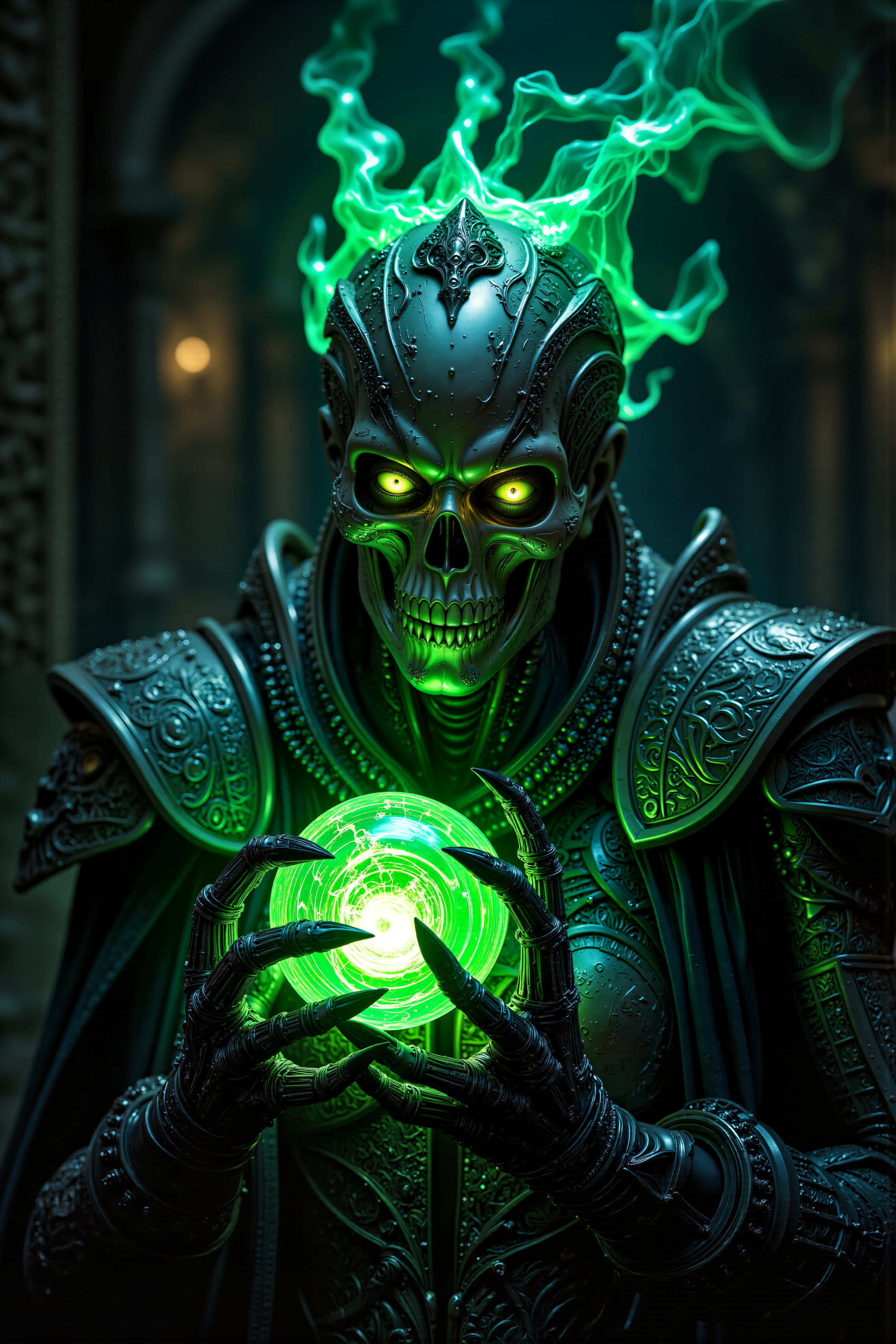 A hyper-realistic portrait, photorealistic photo close-up image of A close-up portrait of an elderly, female Necron Cryptek with no hair and metallic, tarnished silver skin. Her skeletal face is expressionless as she holds a pulsing, green energy core in her bony, claw-like hands. Sheâs in a dark, cavernous chamber deep within a Necron tomb, the walls covered in ancient hieroglyphs glowing with faint green light. Her body is adorned with ornate, ancient armor, the metal plates etched with symbols of power and death. A strange, translucent veil of green energy hovers over her head, shimmering like a ghostly crown. The energy core pulses rhythmically, casting eerie shadows on her gaunt features. Her glowing, green eyes are fixed on the core, analyzing every flicker and pulse of energy within it. The chamber hums with the low, ominous sound of dormant machinery, as if the entire tomb is awakening to the presence of the Cryptek and her powerful artifact. Her cold, mechanical fingers gently adjust the core, sending a ripple of energy through the chamber that resonates with the ancient power of the Necrons. (photography, high-resolution, dynamic, energetic,hyper-realistic, dramatic lighting, shallow depth of field.), detailmaximizer, MythP0rt<lora:midjourney_whisper_flux_lora_v01:0.55><lora:aidmaMJ6.1-FLUX-V0.1:0.4><lora:FluxMythP0rtr4itStyle:0.4><lora:detailed_flux_ntc:2.2><lora:aidmaImageUpgrader-FLUX-V0.1:0.65>