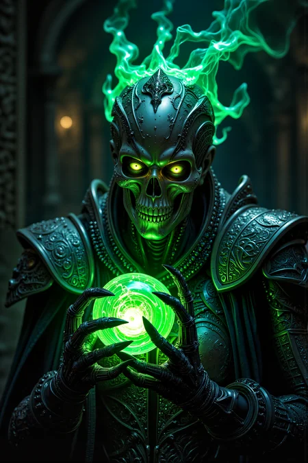 A hyper-realistic portrait, photorealistic photo close-up image of A close-up portrait of an elderly, female Necron Cryptek with no hair and metallic, tarnished silver skin. Her skeletal face is expressionless as she holds a pulsing, green energy core in her bony, claw-like hands. Sheâs in a dark, cavernous chamber deep within a Necron tomb, the walls covered in ancient hieroglyphs glowing with faint green light. Her body is adorned with ornate, ancient armor, the metal plates etched with symbols of power and death. A strange, translucent veil of green energy hovers over her head, shimmering like a ghostly crown. The energy core pulses rhythmically, casting eerie shadows on her gaunt features. Her glowing, green eyes are fixed on the core, analyzing every flicker and pulse of energy within it. The chamber hums with the low, ominous sound of dormant machinery, as if the entire tomb is awakening to the presence of the Cryptek and her powerful artifact. Her cold, mechanical fingers gently adjust the core, sending a ripple of energy through the chamber that resonates with the ancient power of the Necrons. (photography, high-resolution, dynamic, energetic,hyper-realistic, dramatic lighting, shallow depth of field.), detailmaximizer, MythP0rt<lora:midjourney_whisper_flux_lora_v01:0.55><lora:aidmaMJ6.1-FLUX-V0.1:0.4><lora:FluxMythP0rtr4itStyle:0.4><lora:detailed_flux_ntc:2.2><lora:aidmaImageUpgrader-FLUX-V0.1:0.65>