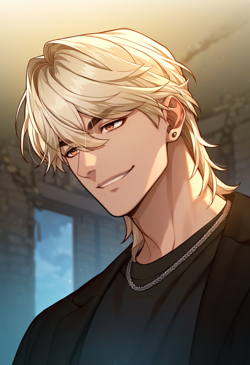 1boy, male focus, solo,
 <lora:Character - Questism - JaehaHanPony-40:1> jaehahan, blonde hair, brown eyes, necklace, stud earrings, 
,((zPDXL)), score_9_up, score_8_up, score_7_up, score_6_up, score_5_up, score_4_up, best quality, amazing quality, best aesthetic, amazing aesthetic, absurdres, year2023, uncensored, very nsfw, official art, official style, depth of field, detailed eye,
night, indoors, black shirt, jacket, ruins, smirk, upper body,   
<lora:Style - Expressive_H-000001:1> expressiveh