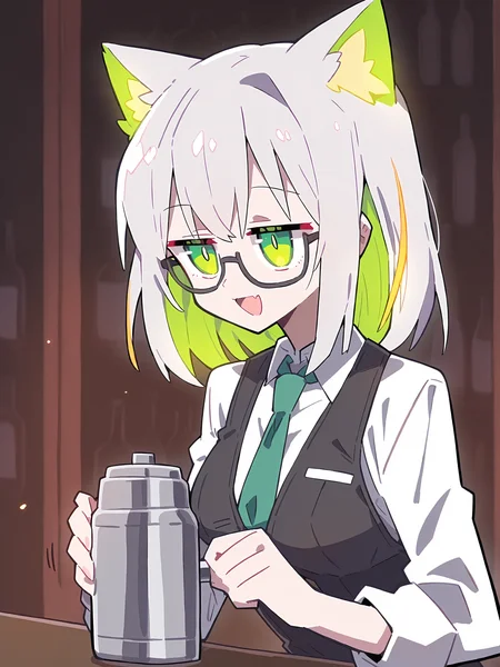 anime screencap, <lora:Konosuba_Anime_Style_IllustriousXL-000009:0.8>,
<lora:nai_ILL:0.8>,
<lora:Glowing_Spot_Color_-_Illustrious:0.6>, glowing eyes, streaked hair, glowing inner hair, glowing streaks,
[[Imazawa,terada tera,kyou 039]],2023,upper body,1girl,solo,cat girl,white hair,green eyes,medium hair,medium breasts,glasses,white shirt,black vest,green necktie,jitome,:D,hand up,holding shaker,two-handed,motion lines,bar \(place\),best quality,masterpiece,absurdres