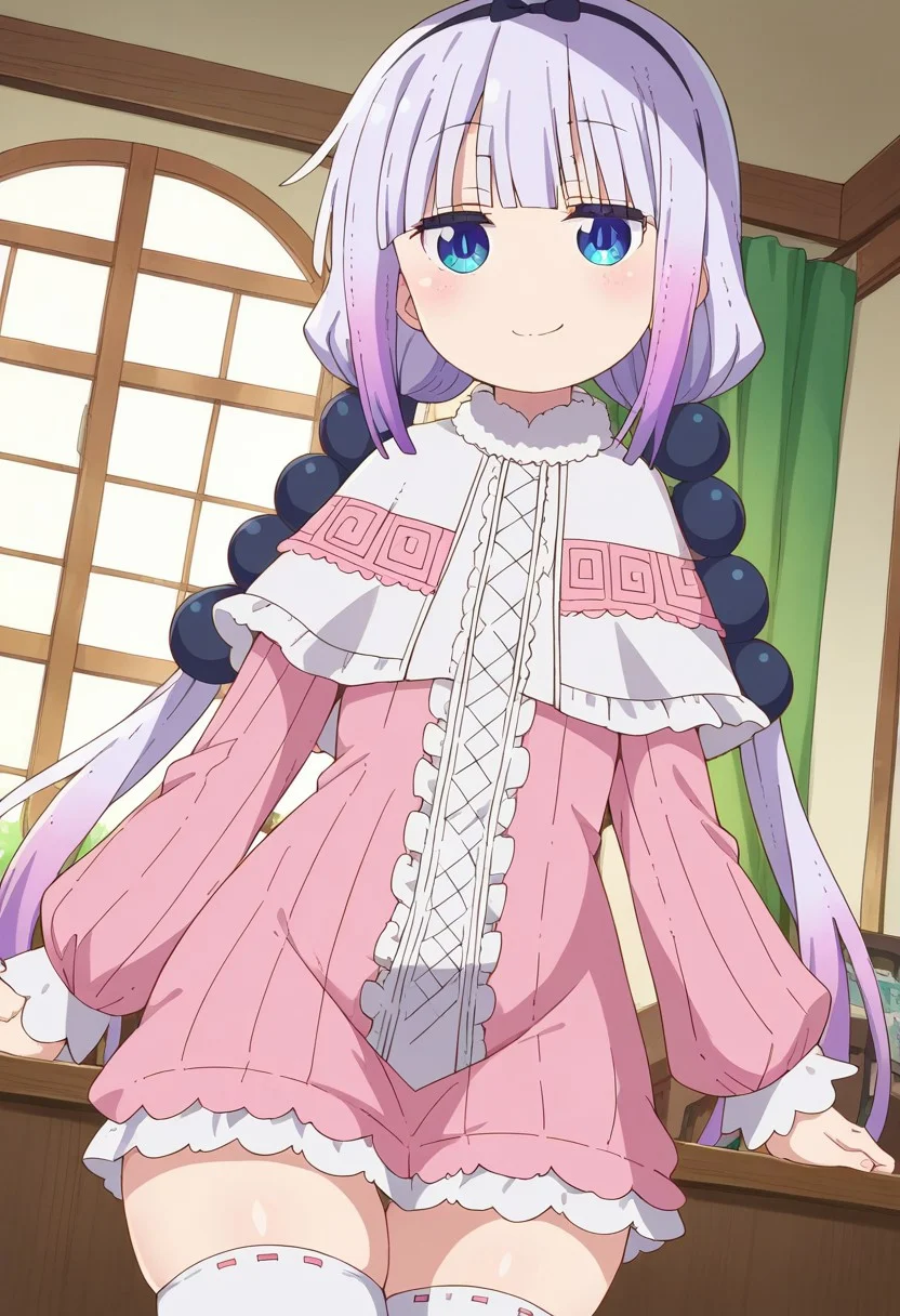 score_9, score_8_up, score_7_up, source_anime,
kannakamui, <lora:kanna-kamui-s2-ponyxl-lora-nochekaiser:1>
kanna kamui, long hair, bangs, blue eyes, hair ornament, twintails, blunt bangs, low twintails, light purple hair, beads, dragon girl, hair beads, hairband,
thighhighs, long sleeves, dress, capelet, juliet sleeves,
indoors,
looking at viewer, dutch angle, cowboy shot, wide hips, thighs, smirk