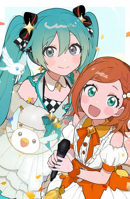 hatsune_miku, long_hair, looking_at_viewer, smile, open_mouth, multiple_girls, brown_hair, hair_ornament, dress, holding, ribbon, hair_between_eyes, closed_mouth, 2girls, jewelry, bare_shoulders, very_long_hair, twintails, braid, hair_ribbon, frills, sleeveless, puffy_sleeves, medium_hair, white_dress, star_\(symbol\), blurry, aqua_eyes, grey_eyes, neck_ribbon, black_ribbon, detached_collar, buttons, aqua_hair, swept_bangs, depth_of_field, blush_stickers, happy, feathers, polka_dot, wing_collar, microphone, light_blush, tareme, dot_nose, blurry_foreground, orange_bow, checkered_clothes, confetti, polka_dot_background, holding_microphone, halftone, orange_ribbon, checkered_bow, sparkle_hair_ornament