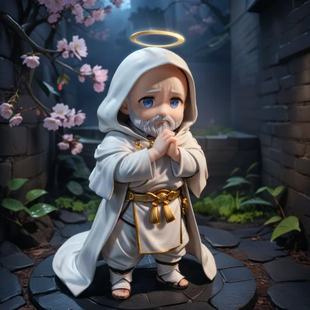 (best quality, masterpiece, realistic, HDR, UHD, 8K, absurdres, realistic, shallow depth of field), <lora:xl_more_art-full_v1:0.8>, (chibi:1.4),, <lora:Perfect Hands:0.8>, full body,
male cleric, human,
bald, (grey long beard), (glowing blue eyes), simple white hood, (eyes covered by hood), simple white robe, simple white pants,
golden belt,
praying,
face in darkness,
(darkness:1.5), transparent halo of strong light,
beside a blooming sakura tree, in a dark alley