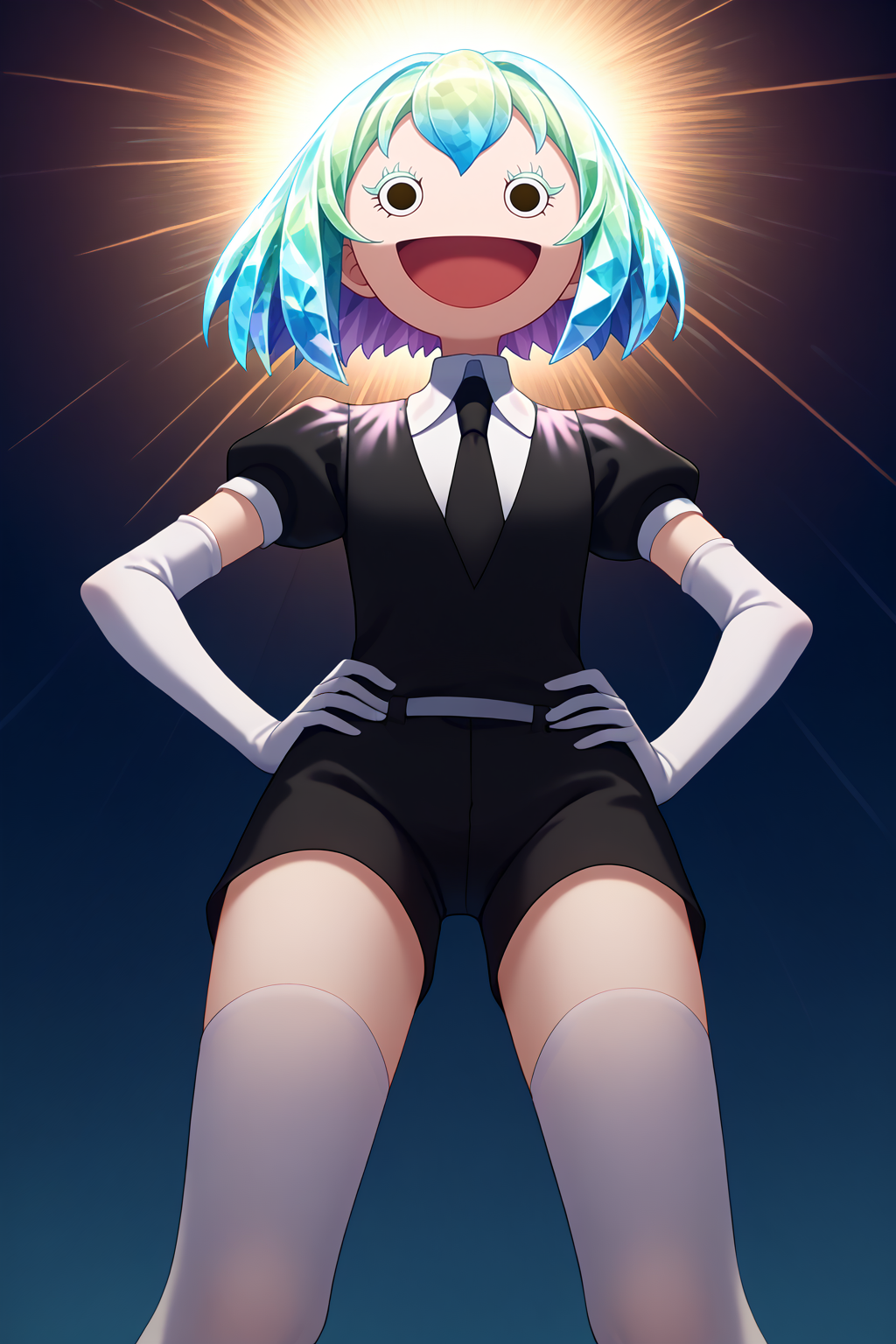 score_9, score_8_up, <lora:NSPikariFace:1> NSPikariFace, open mouth, smile, black eyes, big head, empty eyes,  <lora:Hoseki_HousekiNoKuni_Diamond_PDXL_v1:1> hskdmnd, crystal hair, colored eyelashes, multicolored hair, short hair, black shirt, puffy short sleeves, collared shirt, black necktie, elbow gloves, white gloves, black shorts, white thighhighs, hands on hips, from below