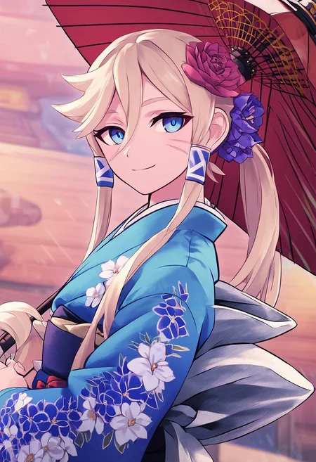 score_4,score_5,score_6,score_7_up,score_8_up,score_9 ((masterpiece,best quality,ultra detailed,highres,HD,4k:1.2)),
1 girl, solo, long hair, ponytail, blue eyes, sharp eyes, slanted eyes, hair tube, hair between eyes,facial scar, bangs, umbrella,Japanese clothing,blue Kimono,Hair accessory,Flower in hair,Flower,Floral pattern,Holding an umbrella,Torii gate,Obi,
smile,light smile,