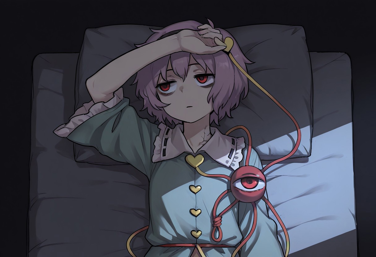 best quality, hires, from above, straight-on, upper body,
looking to the side,
1girl, solo, komeiji satori,
bags under eyes, on bed, lying, on back,
arm on own head, arm at side,
pillow,
dark room, (crack of light:1.2),
