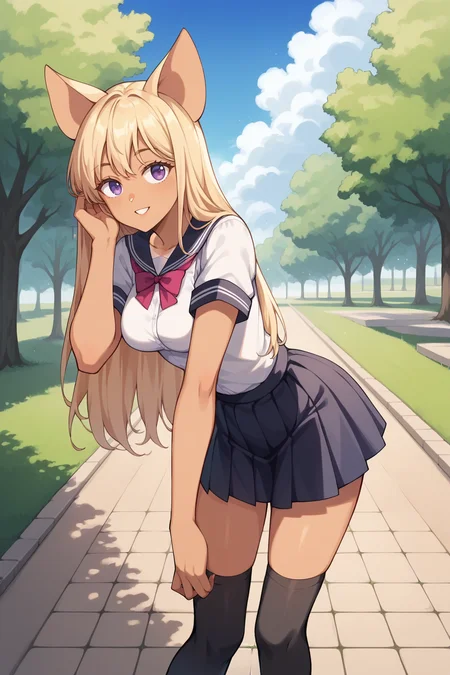 score_9, score_8_up, score_7_up, source_anime, 1girl, prefect lighting, very aesthetic, intricate details, highly detailed background, masterpiece, high quality, prefect hands, best quality, solo,
<lora:Rose_Zaiyuki_V1:.85>, KJOrose, blonde hair, purple eyes, long hair, animal ears, tan, tanlines,
white school uniform, black skirt, black legwear, short sleeves,
leaning forward, adjusting hair, smile, parted lips,
sunny, park, sidewalk, stone floor, grass, tree, cloudy sky,
(Beautiful, medium Breasts:1.2), natural breasts,