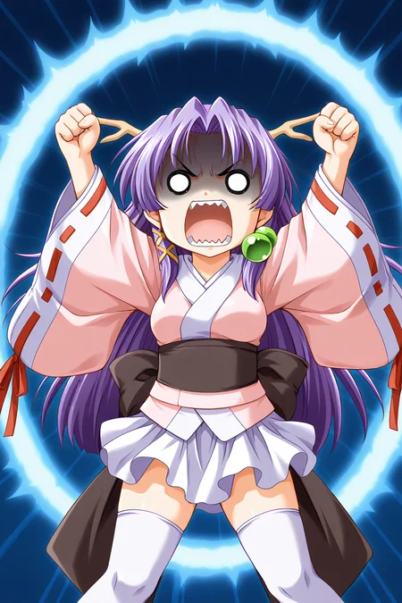 masterpiece, best quality, absurdres, official art, official style, general BREAK <lora:shizuna-torakapu_IL_v1-1:0.7>, shizuna, 1girl, solo, red eyes, purple hair, very long hair, parted bangs, hair intakes, sidelocks, hair bobbles, x hair ornament, medium breasts, dragon girl, dragon horns, japanese clothes, pink kimono, short kimono, long sleeves, wide sleeves, detached sleeves, red ribbon, ribbon-trimmed sleeves, obi, black sash, back bow, black bow, white skirt, miniskirt, pleated skirt, kimono skirt, zettai ryouiki, white thighhighs,
chibi, arms up, clenched hands, comic, fangs, furious, looking at viewer, meme, no pupils, o o, open mouth, outstretched arms, parody, shaded face, sharp teeth, solid circle eyes, standing