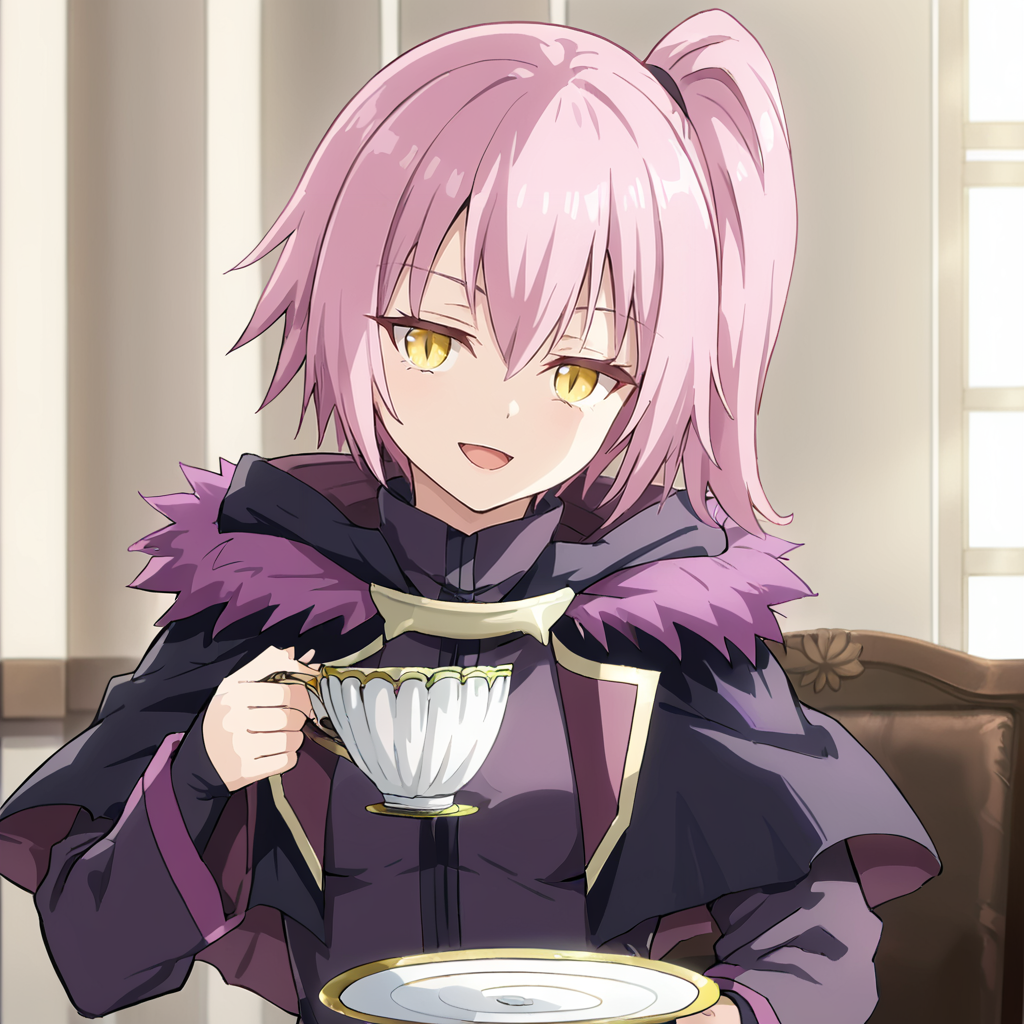 1girl, solo, ultima, slit pupils, pink hair, purple hair, short hair, side ponytail, yellow eyes, bangs, hair between eyes, breasts, small breasts, black jacket, fur trim, purple trim, capelet, long sleeves, hips, head tilt, smug, open mouth, looking at viewer, holding cup, saucer, plate, holding, 
<lora:Ultima:0.8>