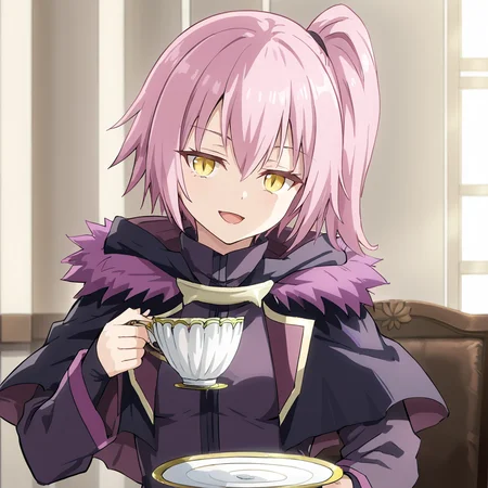 1girl, solo, ultima, slit pupils, pink hair, purple hair, short hair, side ponytail, yellow eyes, bangs, hair between eyes, breasts, small breasts, black jacket, fur trim, purple trim, capelet, long sleeves, hips, head tilt, smug, open mouth, looking at viewer, holding cup, saucer, plate, holding,
<lora:Ultima:0.8>