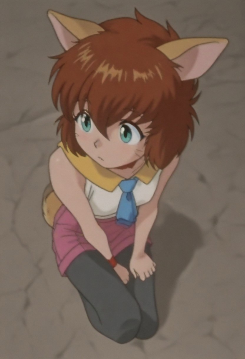 masterpiece, best quality, amazing quality,,, shiny skin,,,,,,,,<lora:koto_ilxl_v1.0:1>,koto,brown hair,green eyes,whiskers,fang out, k_clothes,yellow collar,red ribbon choker,white sleeveless shirt,blue necktie,pink shorts,fox tail,black_pantyhose,k_m,